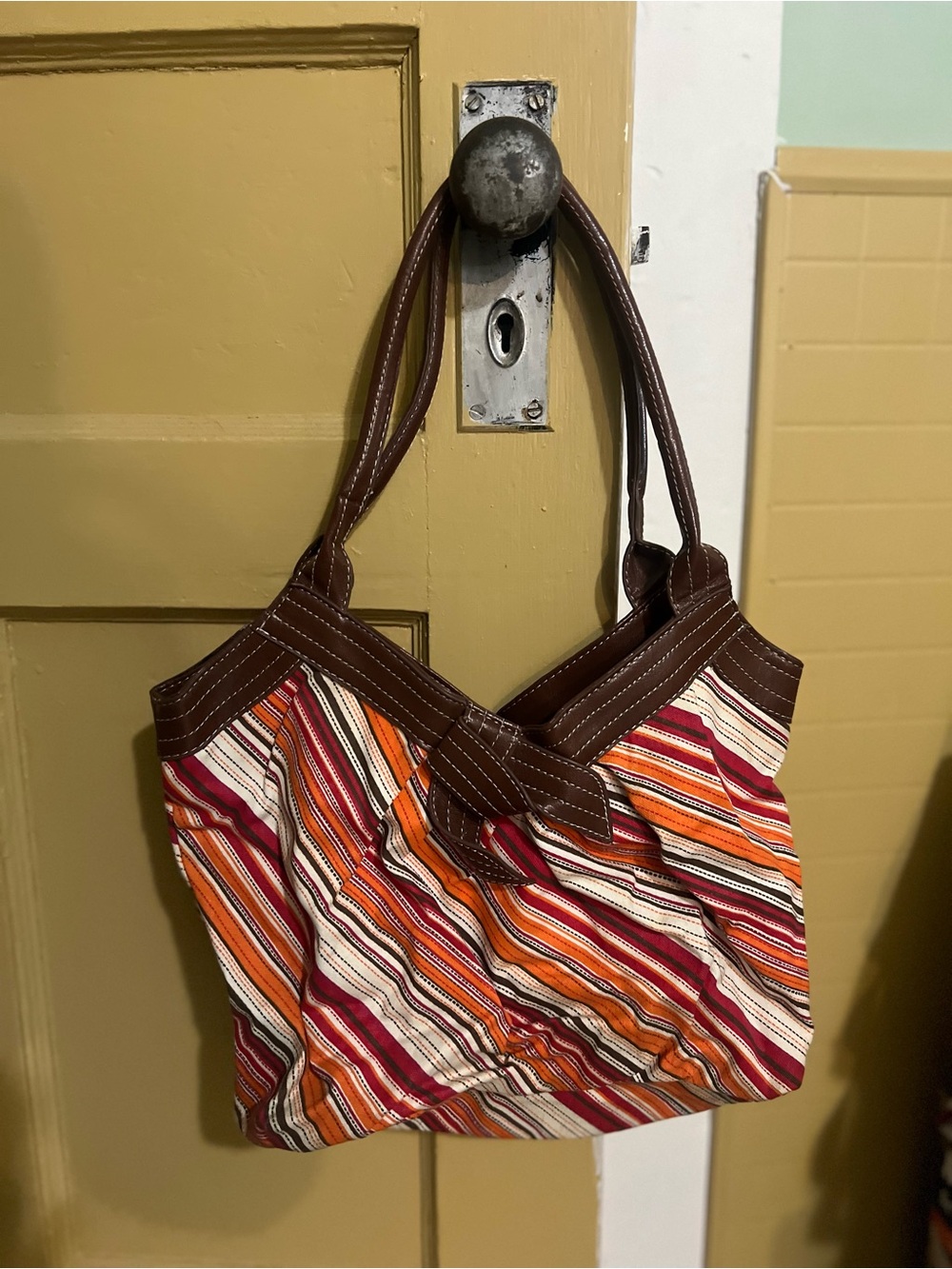 Striped Orange, White & Red Tote Bag with Brown Trim / Fabric & Leather  // 90s